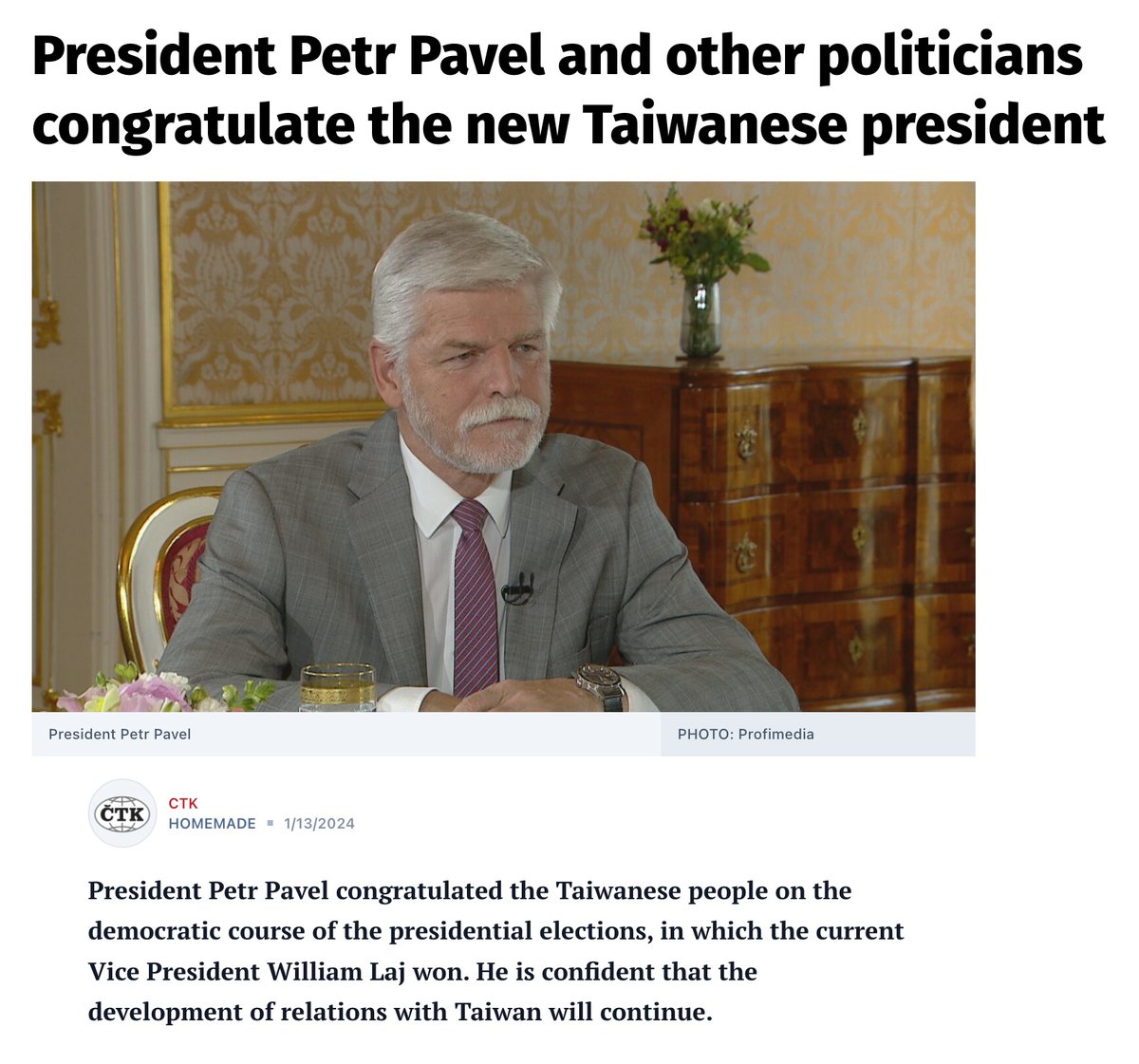 iingwen's tweet photo. A warm thank you to #CzechRepublic @PrezidentPavel for his congratulations on the results of Taiwan’s democratic election. #Taiwan & #Czechia are friends with shared values, & we eagerly look forward to our partnership growing even stronger over the coming years.

https://t.co/OaPeCjrA5l