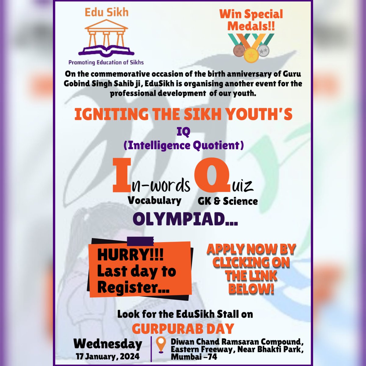 edusikh's tweet photo. Igniting the Sikh Youth’s.
In-words and Quiz Olympiad

Hurry!!! Last Day to Register...

Click on the link Below
https://t.co/9TCF3pkgbH
Look for EduSikh Stall on 17th January 2024...
#edusikh #olympiad #vocabulary #quiz #generalknowledgequestions #science #eduaction #registernow https://t.co/4jMjm0oeso