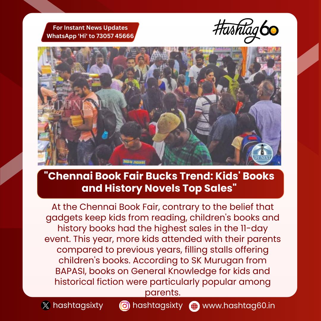 'Breaking stereotypes at #ChennaiBookFair! 📚 Children's books and history novels steal the show with record sales. Parents fostering a love for reading and knowledge. 👨‍👩‍👧‍👦 #BookFairSuccess #ReadingRevival'