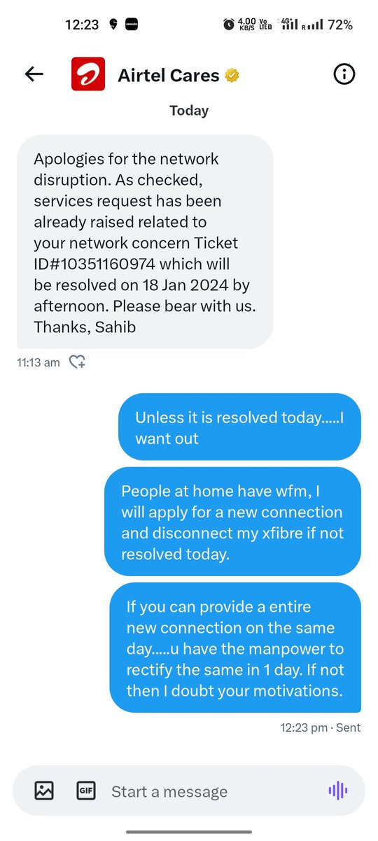 aneesh_lata's tweet photo. @Airtel_Presence @airtelindia If you can provide new connection on the same day. I wonder why you need 3 days to resolve the smallest issue. This makes me doubt your motivations. Worst part is despite raising complaints in all platforms you haven't moved the repair dates by 1 day https://t.co/zzD4ye0UCr