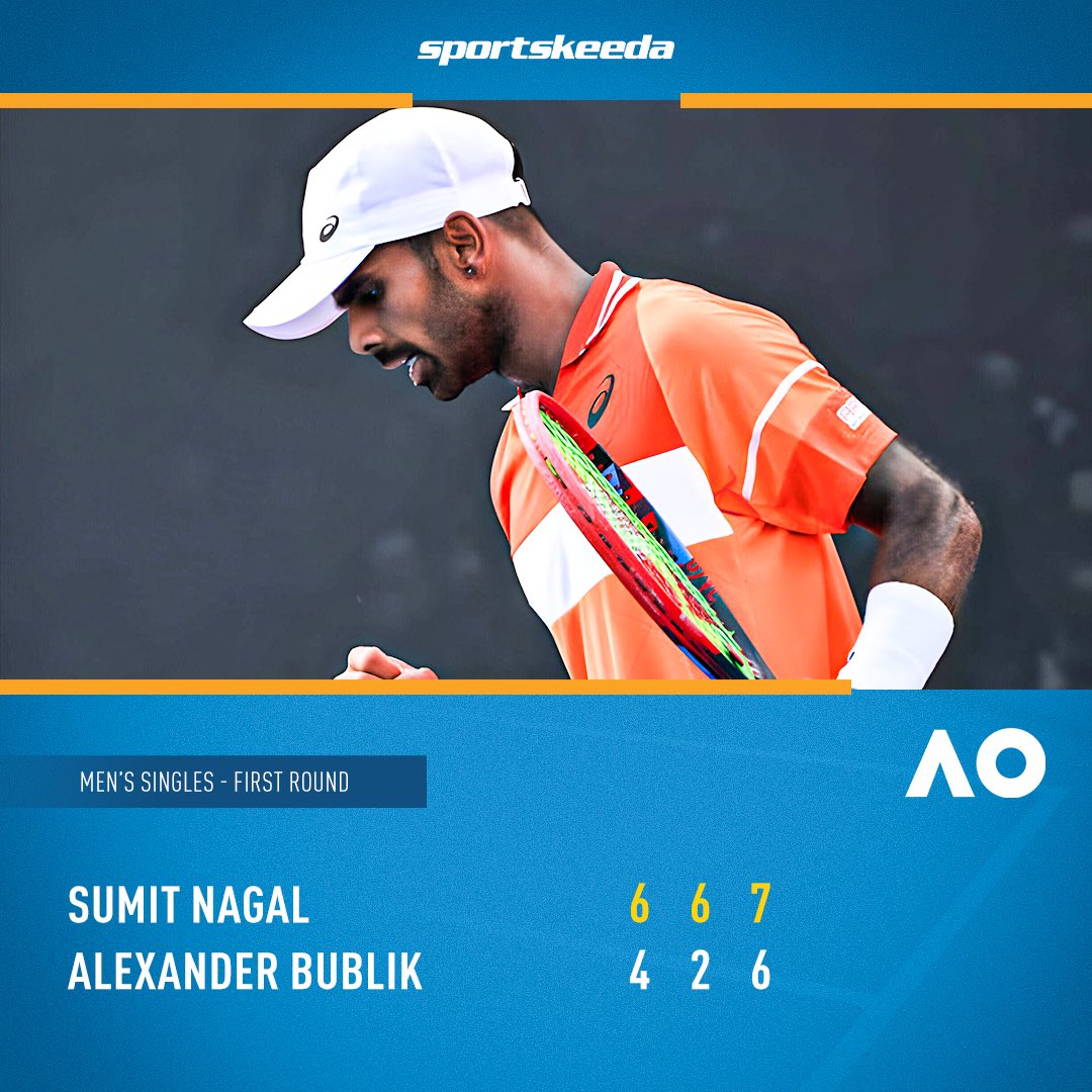 Sportskeeda's tweet photo. HISTORY MADE!🔥

WR 137 Sumit Nagal beats WR 27 Alexander Bublik in the first round of Australian Open in straight sets!🇮🇳💪

This is the first win by an Indian Men's Singles player over a seeded player at a Grand Slam since 1989. 💙

Take a bow! Jai HIND!

#AusOpen #SKIndianSports #Tennis