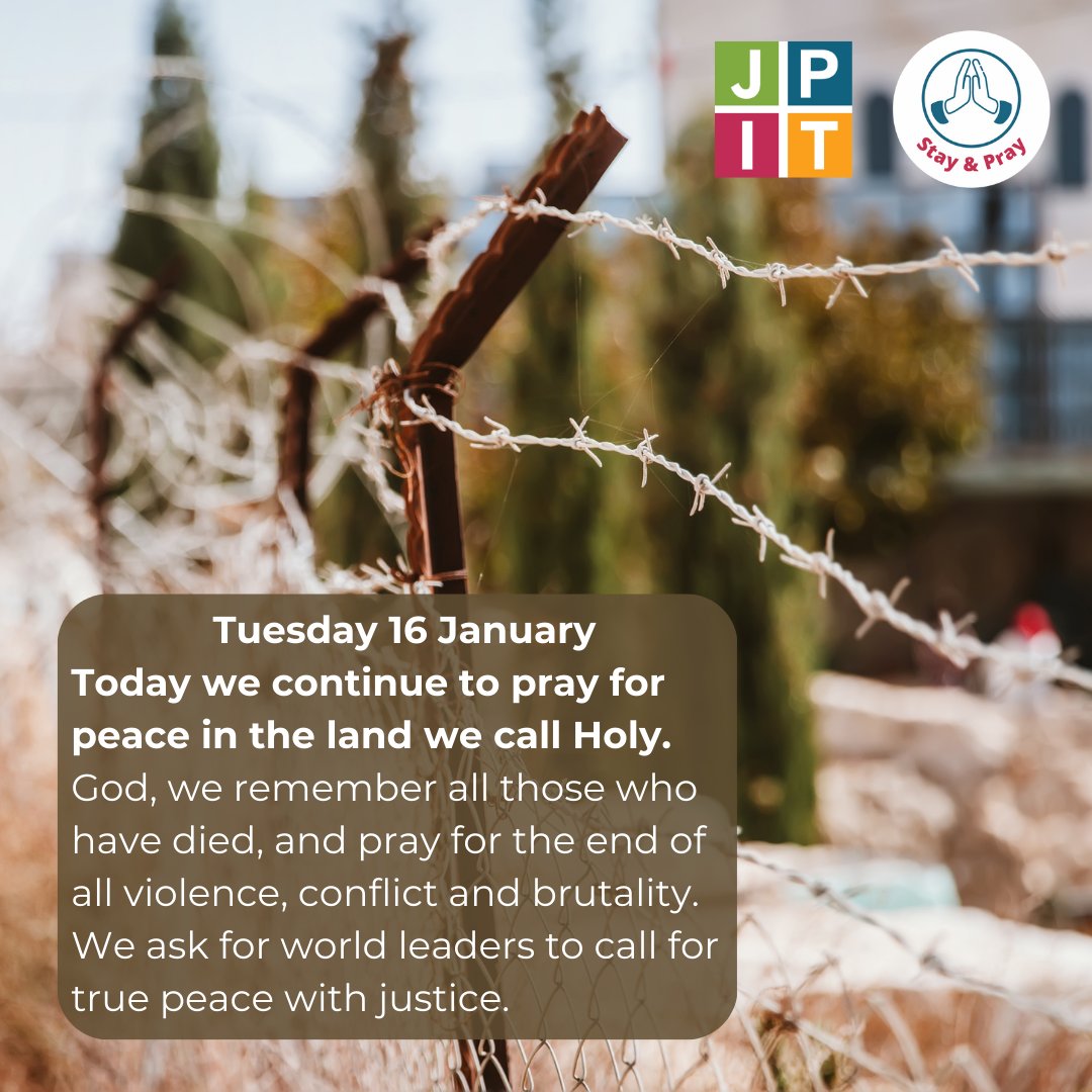 PublicIssues's tweet photo. Today we continue to pray for peace in the land we call Holy. God, we remember all those who have died, and pray for the end of all violence, conflict and brutality. We ask for world leaders to call for true peace with justice. 
#StayandPray 

Read more: https://t.co/TOUeiX9cIm https://t.co/ATS6z3BRT9