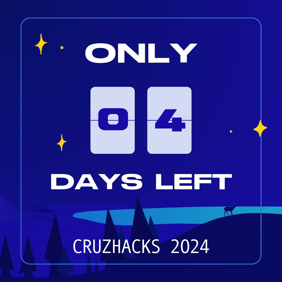 Only 4 more days until CruzHacks 2024! Can't wait to see you all this weekend. Remember to keep posted on your portals and on our website and socials for any updates for this year's hackaton!💫 #CruzHacks #CruzHacks2024 #SantaCruz #UCSC #Hackathon