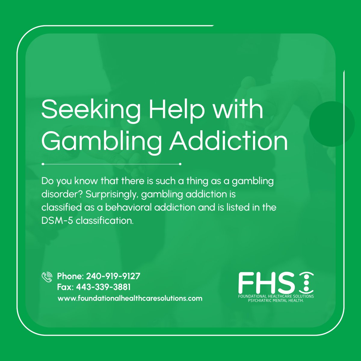 foundationalhcs's tweet image. If you think your gambling has caused significant problems in several aspects of your life, it is time to seek professional help. Manage your gambling addiction today with our therapy services. 

#MarylandUSA #GamblingAddiction #PsychotherapyServices #ProfessionalHelp