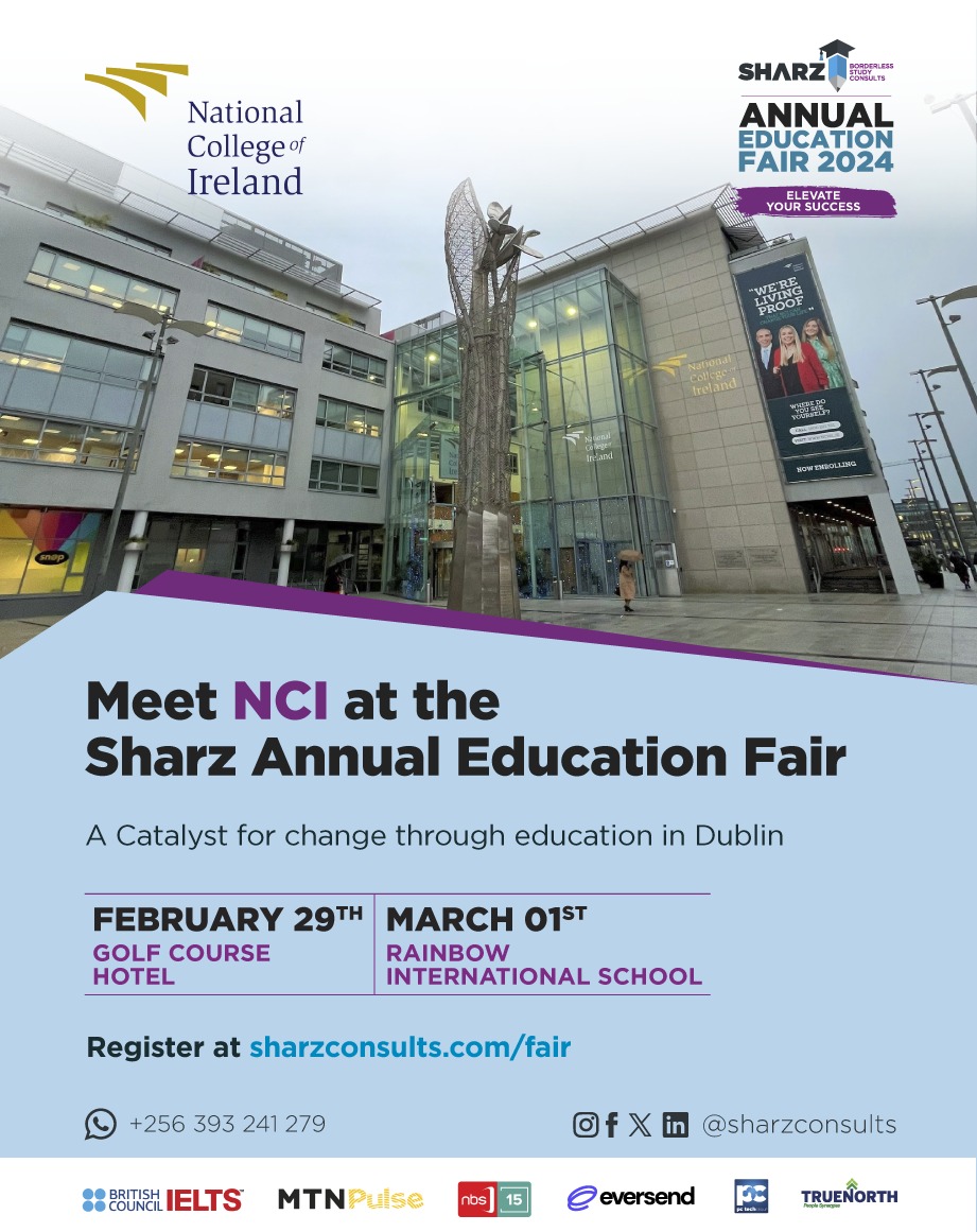 SharzConsults's tweet photo. Explore endless possibilities, @NCIRL! 🇮🇪
Join us at the Sharz Annual Education Fair on Feb 29th @GolfCourseHotel and March 1st @Rainbowkampala.

Register, connect, and shape your future with @NCIRL.

Register here:https://t.co/aaRcdOo2gR

#ElevateYourSuccess 
#WithSharz https://t.co/qAAPL4eilj