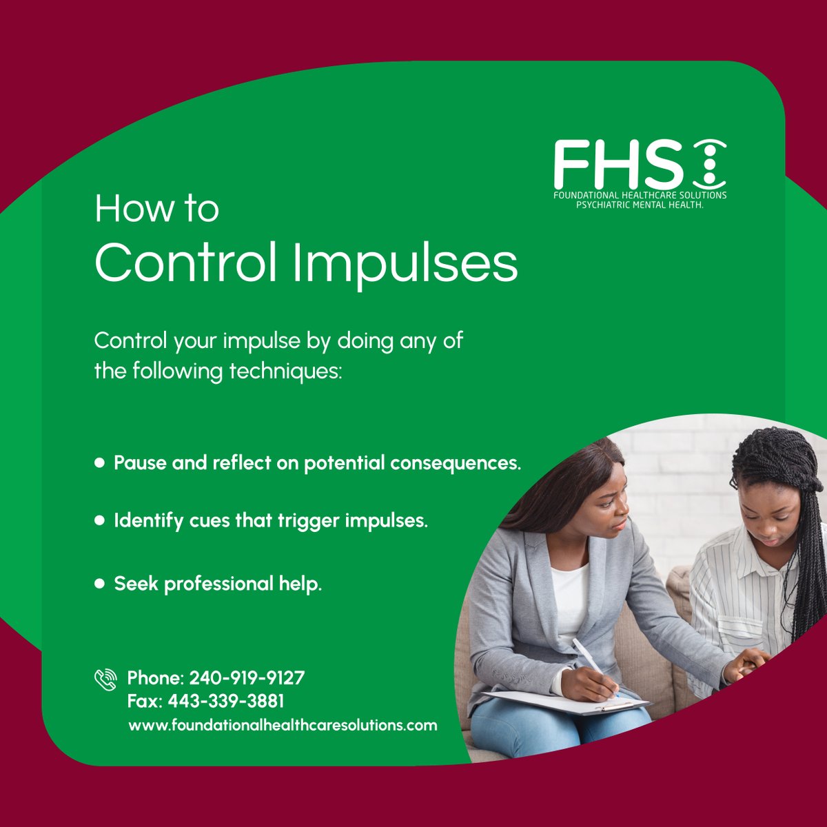 foundationalhcs's tweet image. Take control of your life by effectively managing your impulses. By being aware of your impulses, you can avoid negative consequences, make smarter choices, and foster positive living. 

#MarylandUSA #ImpulseControl #PositiveLiving #PsychotherapyServices