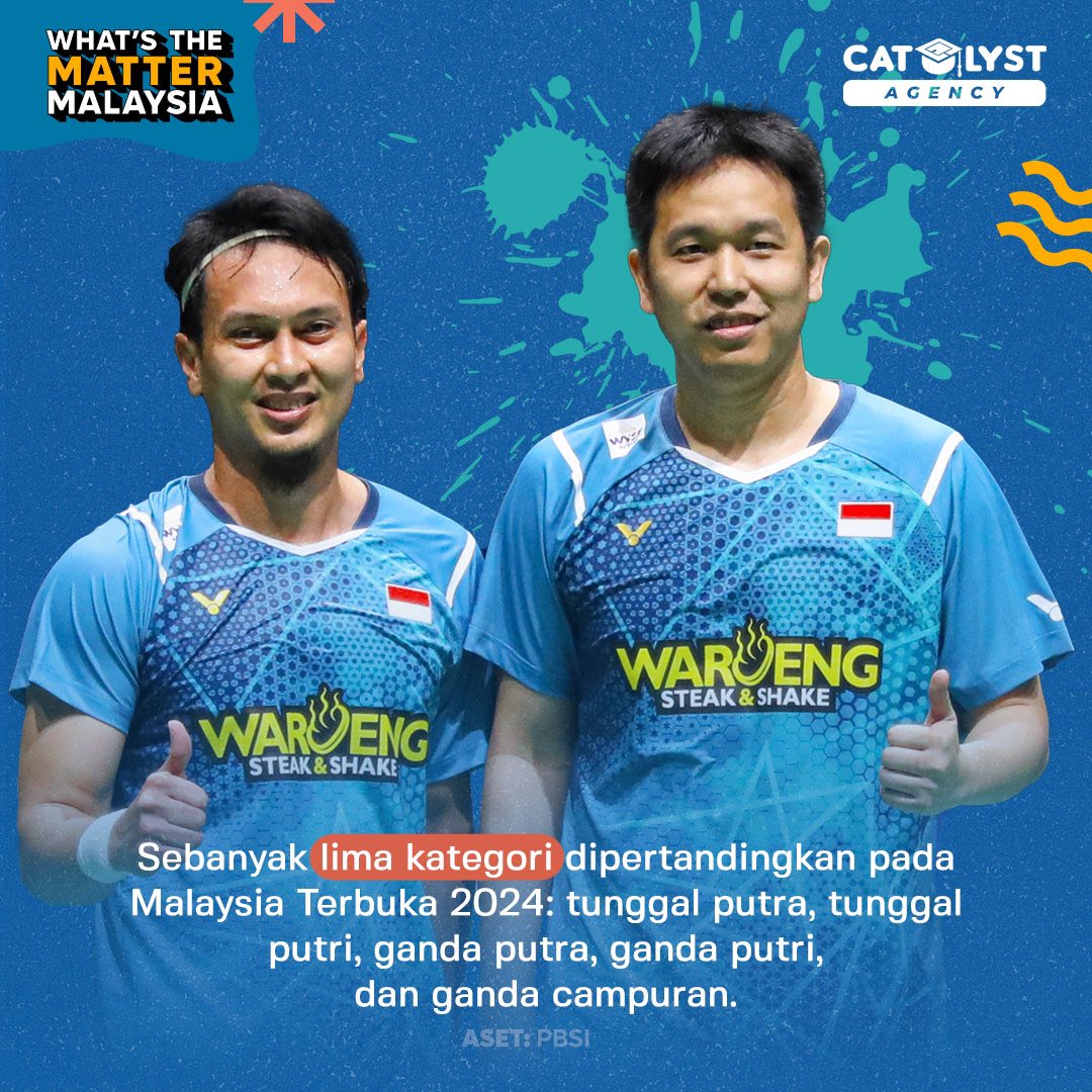maumerantau's tweet photo. Sebanyak lima kategori dipertandingkan pada Malaysia Terbuka 2024: tunggal putra, tunggal putri, ganda putra, ganda putri, dan ganda campuran. Malaysia Terbuka 2024 merupakan bagian dari kualifikasi bulu tangkis untuk Olimpiade Musim Panas 2024. https://t.co/fqfhNZWMeE