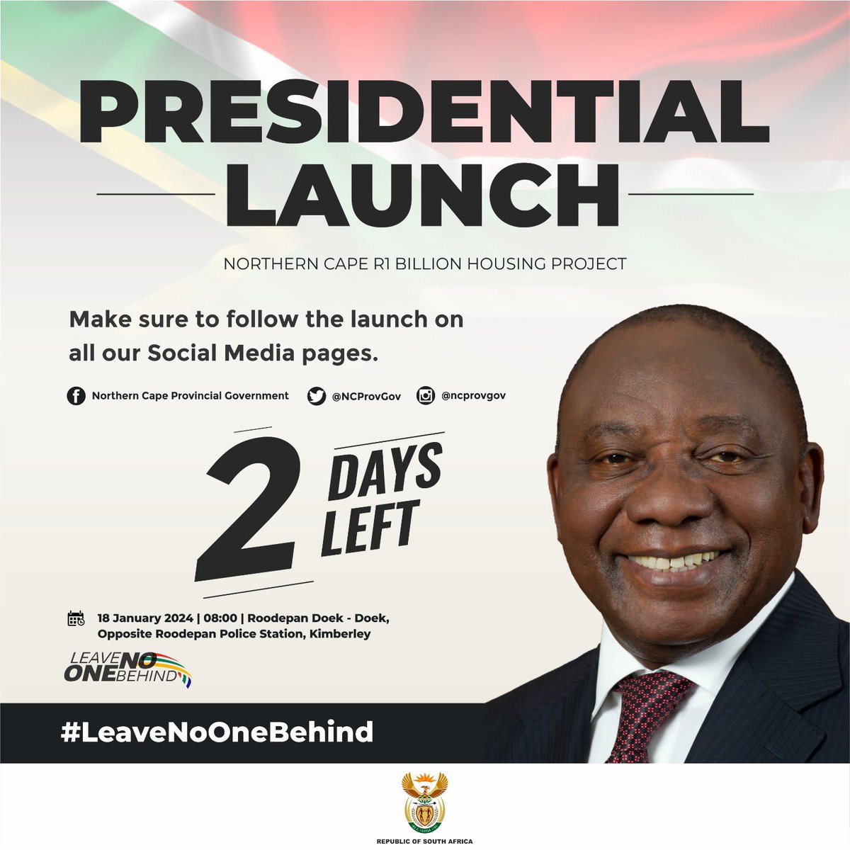 NCProvGov's tweet photo. 🤳Make sure to follow the Northern Cape R1 Billion Housing project launch taking place on Thursday, 18 January 2024 in Kimberley. The Provincial launch will be live on all our social media pages, please follow us.
#decenthousing
#breakingnewground
#northerncape https://t.co/MmH3ajlJaZ