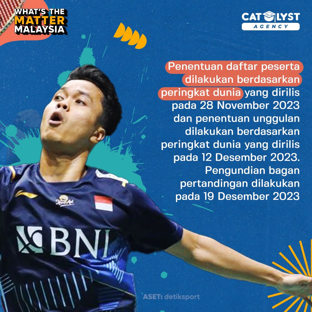 maumerantau's tweet photo. Penentuan daftar peserta dilakukan berdasarkan peringkat dunia yang dirilis pada 28 November 2023 dan penentuan unggulan dilakukan berdasarkan peringkat dunia yang dirilis pada 12 Desember 2023. Pengundian bagan pertandingan dilakukan pada 19 Desember 2023. https://t.co/O87KRAXi7E