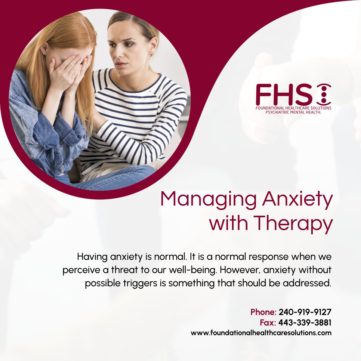 foundationalhcs's tweet image. Do not worry! The bothersome anxiety you are experiencing now is treatable with psychotherapy. If you need help, book a consultation with us at Foundational Healthcare Solutions. 

#MarylandUSA #ManageAnxiety #AnxietyDisorders #PsychotherapyServices