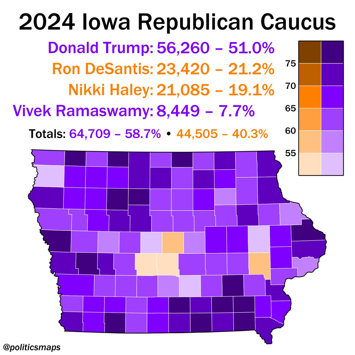 Although former President Trump swept all but one of Iowa's counties in its quadrennial caucus, the totals split into two blocs yields a more interesting map. Note: Haley and DeSantis may not have overlapping appeals. Rather, this map shows the 'Trumpy'/non-Trump 'coalitions'.