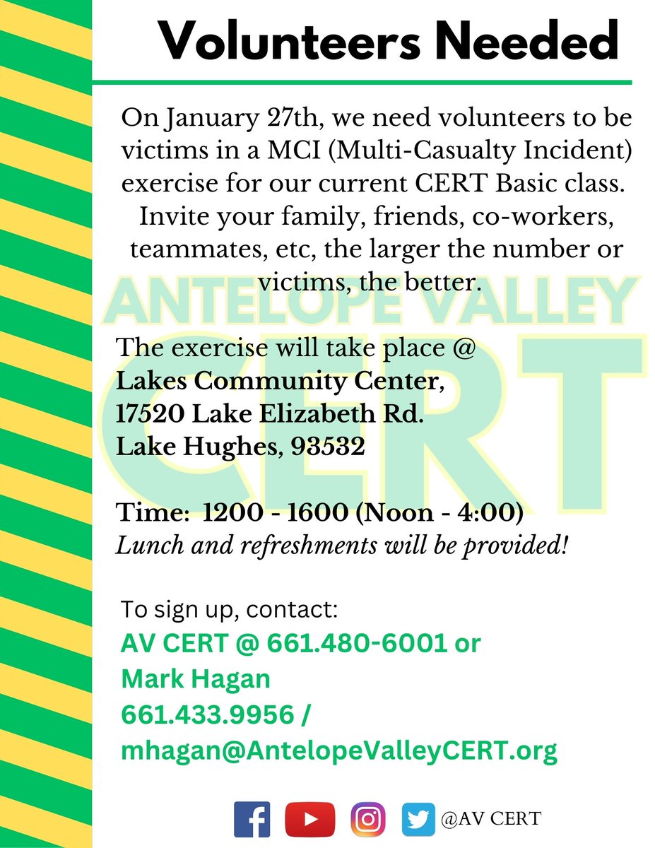 AV_CERT's tweet photo. AV CERT is enlisting #volunteers to be victims in a #MCI #MassCasualtyIncident #exercise for our current CERT Basic class. 

#AVCERT #AntelopeValleyCERT #LakeHughes #California https://t.co/1lhJNJGX8q
