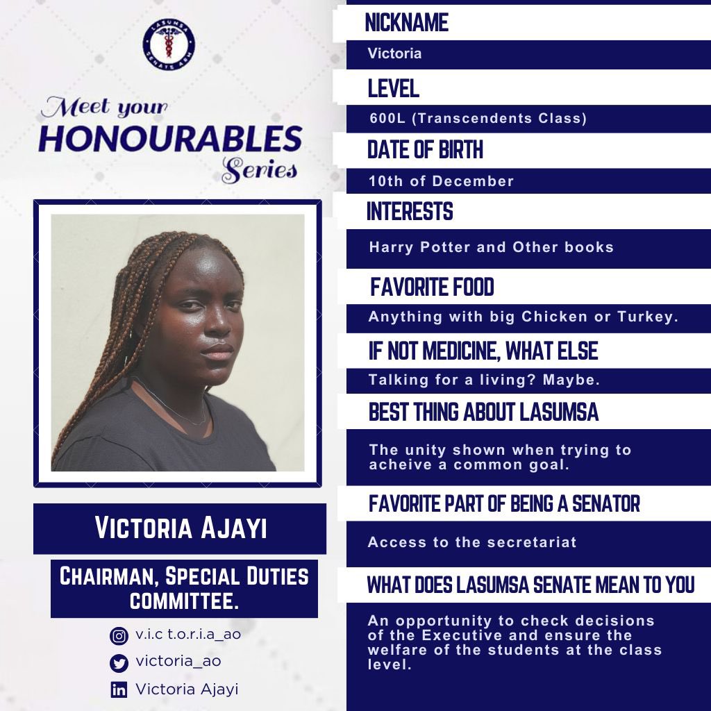 Lasumsa_senate's tweet photo. LASUMSA SENATE PRESENTS

MEET YOUR HONOURABLES SERIES

Meet the nineteenth Honourable of this series, Honourable Victoria Ajayi

@victoria_ao_ https://t.co/fsyiqtxJz6
