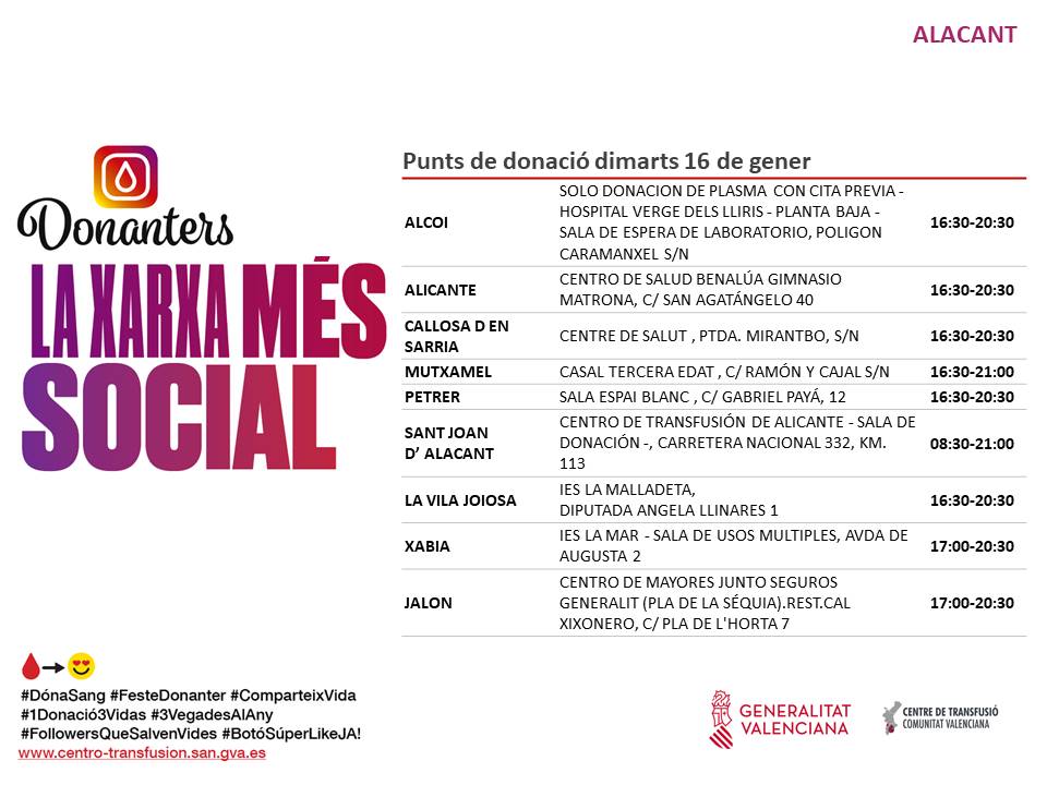 GVAdonasang's tweet photo. 📆 Punts de donació #Alacant #16gener
Per a tractaments oncològics, intervencions quirúrgiques, trasplantaments...
👉La teua donació de sang és insubstituïble. Gràcies per salvar vides!

#DonaSang 🩸 https://t.co/zcfsSuIbTF