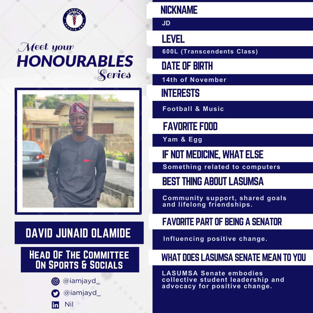 Lasumsa_senate's tweet photo. LASUMSA SENATE PRESENTS

MEET YOUR HONOURABLES SERIES

Meet the twentieth Honourable of this series, Honourable David Junaid Olamide

@iamjayd_ https://t.co/qKkolrV42u