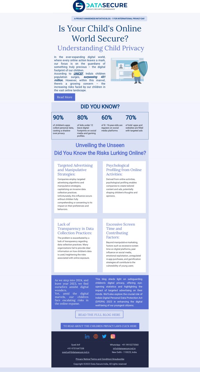 DataLlp's tweet photo. A blog on Understanding Child Privacy - This blog is a part of our privacy awareness initiative for International Privacy Day - 28th January 2024!
Read the full blog here - 
https://t.co/otzxo8YY8H

#datasecure #dataprivacy #childdata #internationalprivacyday https://t.co/dBjO64vBVj
