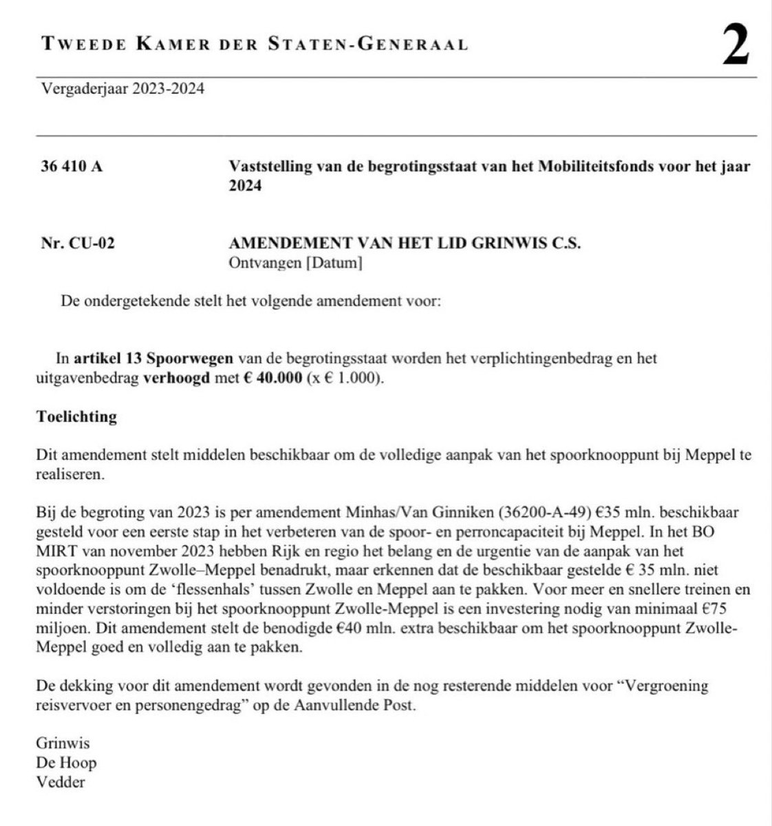 Door de flessenhals bij Meppel op te lossen wordt het Noorden weer fatsoenlijk bereikbaar. Den Haag kan niet blijven wegkijken, dus doe ik met CU en GL/PvdA het voorstel de nodige €40 mln. te regelen. 👇🏻