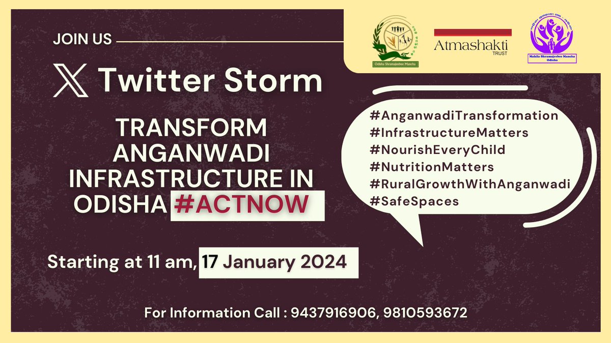 Atmashakti3's tweet photo. Our children matter!
Join us in this urgent call for action to @CMO_Odisha to transform Anganwadi Centres #ActNow. Together, we can build an Anganwadi that empowers our children for a brighter tomorrow. 17th Jan, 11 AM
#TransformAnganwadiNOW #SafeSpaces #InfrastructureMatters https://t.co/hBGdawaIJX