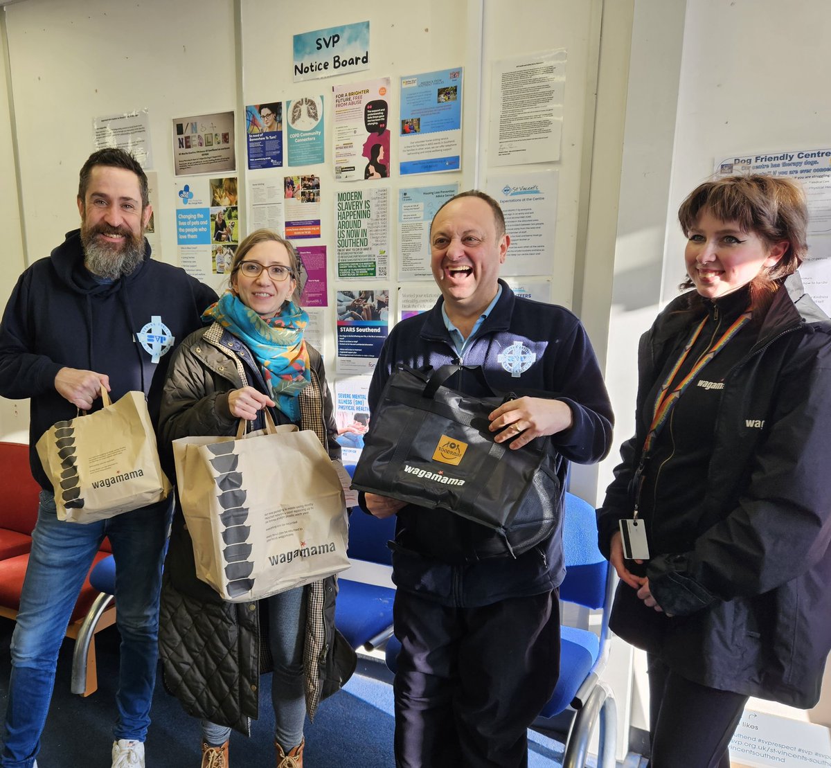 s_southend's tweet photo. Feeling the Monday blues? 💙 Wagamumma is brightening up Blue Monday by spreading warmth to the amazing volunteers at St Vincent's Centre in Southend! They've generously provided delicious meals to our dedicated volunteers, adding a dash of joy to beat the mid-January slump. https://t.co/zgUy1Zi2i7
