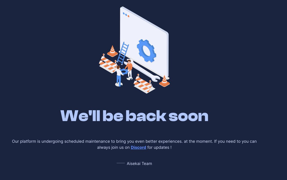 Scheduled Maintenance ⚙️

Our team will put Aisekai on maintenance from Tuesday 3AM - 5AM EST for the new update 

Stay tuned for the new upcoming patch!