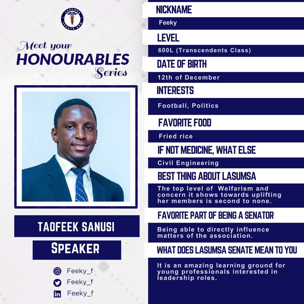 Lasumsa_senate's tweet photo. LASUMSA SENATE PRESENTS

MEET YOUR HONOURABLES SERIES

Meet the thirteenth Honourable of this series, the Speaker of the house, Rt. Honourable Taofeek Sanusi

@feeky_f https://t.co/lVrftBtfUp