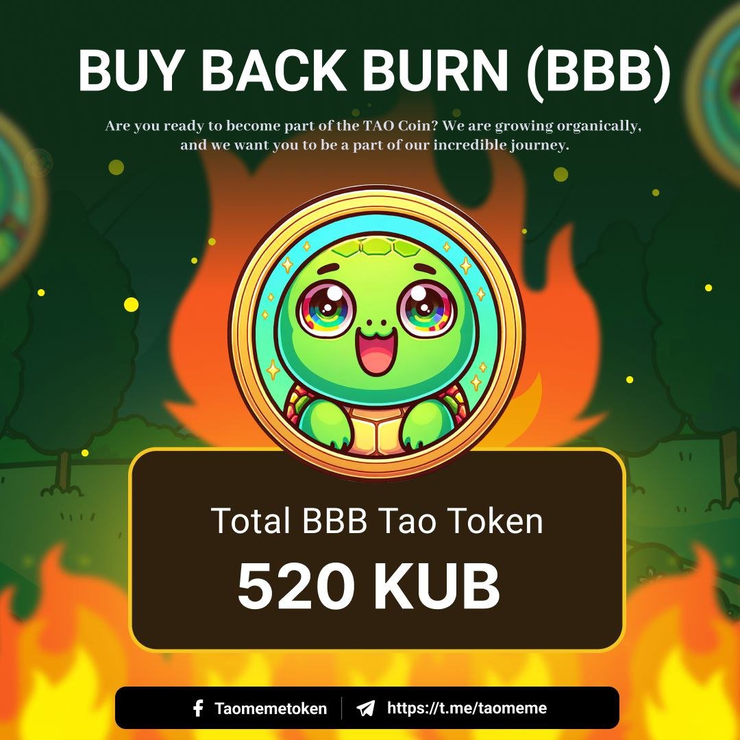 taomemexyz's tweet photo. Announcement of Buy Back Burn Round 1 of Tao Token
After placing LP, the team will use the Fees received from Taodum NFT to purchase Tao Tokens and throw them into the hole.
In the first round, the total Buy Back Burn value is: 520 KUB. https://t.co/jccO08oSKT