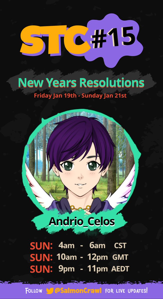 I'm back live on Twitch with <a href="/SalmonCrawl/">Salmon Timer Crawl</a> this weekend! 19 streamers are playing #Splatoon3 #SalmonRun with viewers over 38 hours this weekend. My slot is Sunday 21:00 AEDT/10:00 UTC, and the theme this time is 'New Years Resolutions'! twitch.tv/Andrio_Celos