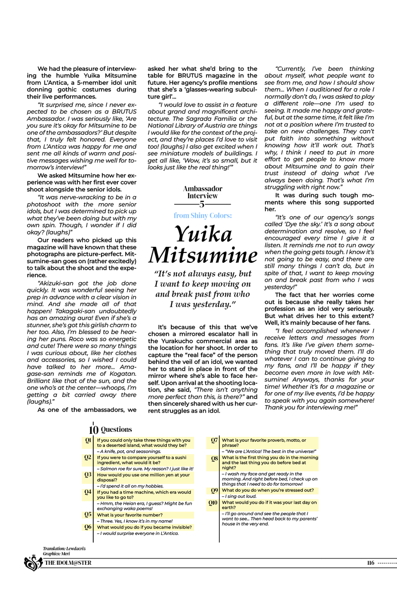 foreigndistance's tweet photo. “It’s not always easy, but I want to keep moving on and break past from who I was yesterday.”

Happy Birthday Yuika! I've typeset her page from the Mar 2021 BRUTUS x IM@S 15th anniversary issue, featuring Lewdacriz's (@Lewdacriz1) translation! 👓 https://t.co/RVNRWInpqz
