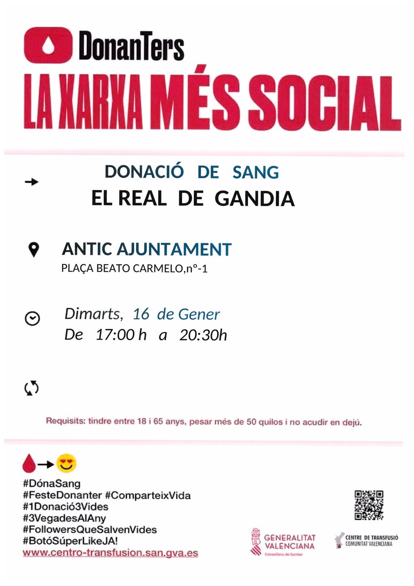 GVAdonasang's tweet photo. Donació de sang #RealDeGandia
📅dimarts #16gener
Per a tractaments oncològics, intervencions quirúrgiques, trasplantaments...
👉La teua donació de sang és insubstituïble.
Gràcies per salvar vides!

#DonaSang 🩸 https://t.co/91XEVYvlcD