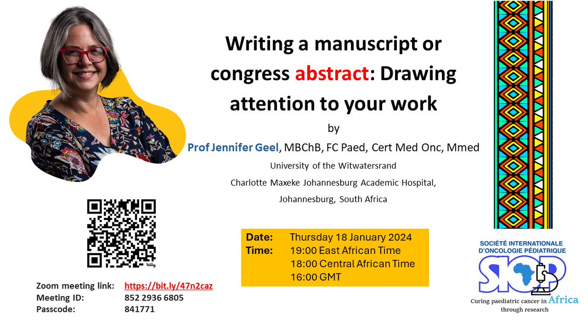 JenniferGeel (@jennifergeel) on Twitter photo Just in time for abstract submission for #SIOPAfrica2024 I'll be giving a talk on Thursday 18th Jan at 6pm central African time. Brought to you by the
<a href="/SIOPAfrica/">SIOP-Africa</a>
Research working group. Join Zoom Meeting us06web.zoom.us/j/85229366805?…… Just in time for abstract submission for #SIOPAfrica2024 I'll be giving a talk on Thursday 18th Jan at 6pm central African time. Brought to you by the
<a href="/SIOPAfrica/">SIOP-Africa</a>
Research working group. Join Zoom Meeting us06web.zoom.us/j/85229366805?……