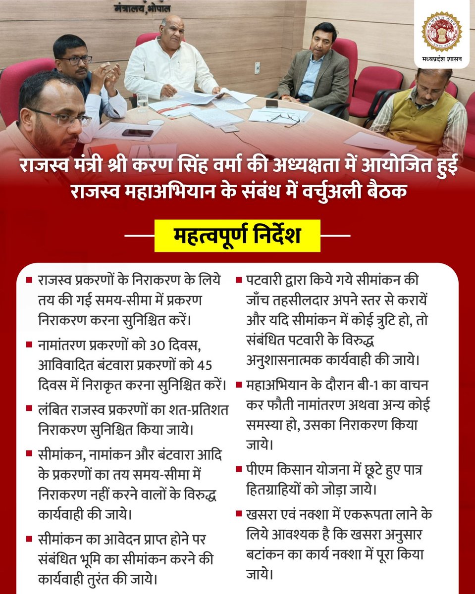➡️राजस्‍व मंत्री श्री करण सिंह वर्मा की अध्‍यक्षता में आयोजित हुई राजस्‍व महाअभियान के संबंध में वर्चुअली बैठक
---
➡️राजस्‍व महाअभियान के सफल संचालन के संबंध में दिए गए महत्‍वपूर्ण निर्देश
---
#राजस्‍व_महाभियान
<a href="/CMMadhyaPradesh/">Chief Minister, MP</a> 
<a href="/karansingh_158/">Karan singh verma</a> 
<a href="/JansamparkMP/">Jansampark MP</a>