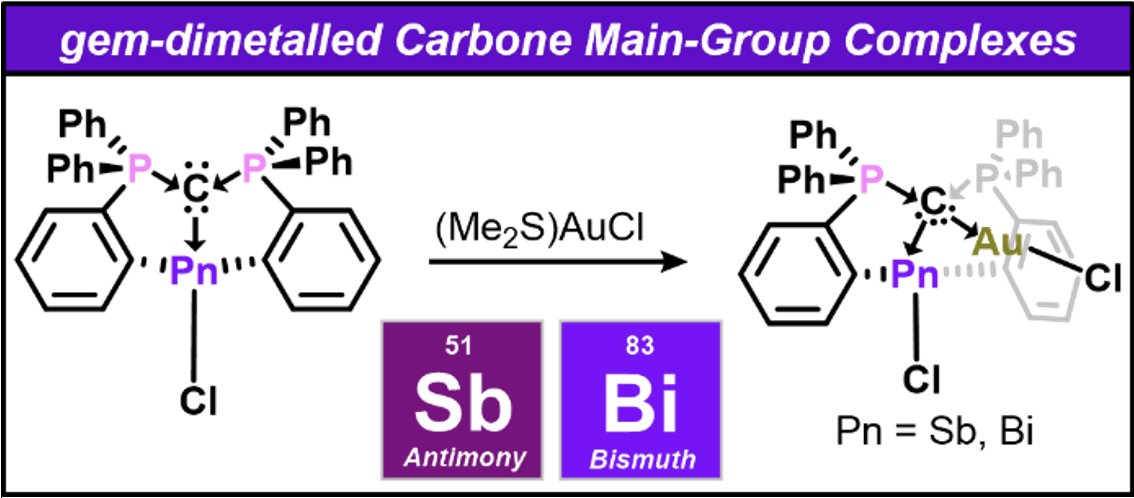 Our manuscript on geminal bimetallic coordination of a carbone to main-group and transition metals is now published in @ChemCommun! @ac_obi synthesized geometrically constrained CDP-Sb and -Bi compounds that bind Au(I). pubs.rsc.org/en/content/art… #maingroup