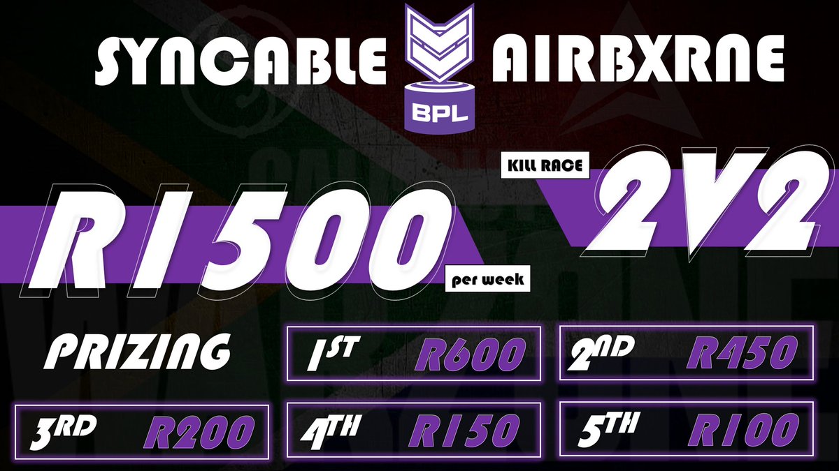 CODZAIntel's tweet photo. The @SyncableZA x @Aerzzy BPL Warzone Money Queue 💰

2v2 kill races, random teams with a weekly R1500 prize pool!

1st - R600
2nd - R450
3rd - R200
4th - R150
5th - R100

Live now - https://t.co/NKBabyio2Q https://t.co/BqwDrjw9NY