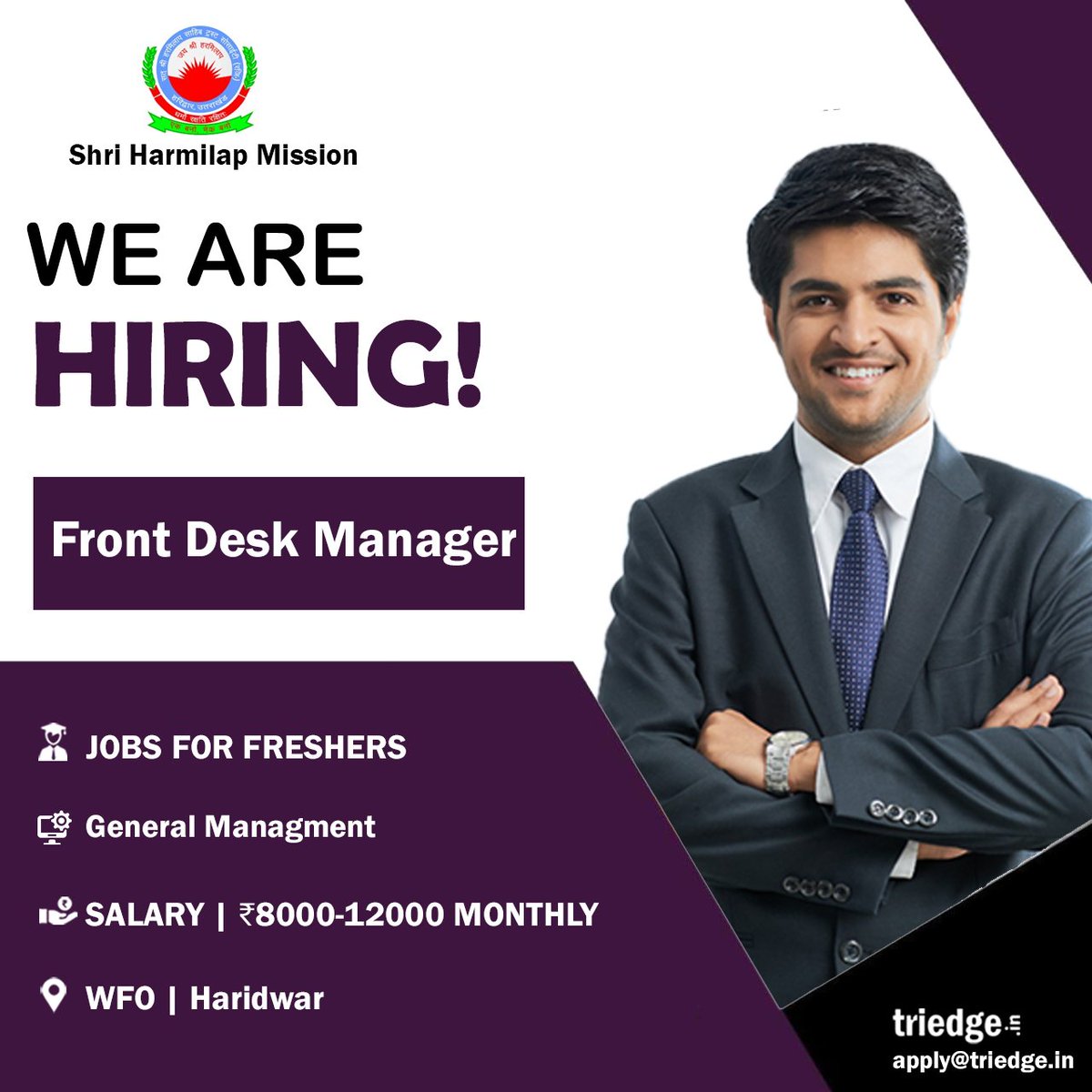 Triedge_in's tweet image. #Jobs #FrontDeskManager

Shri Harmilap Mission is providing opportunities for the role of Front Desk Manager

. Apply with your resume at.apply@triedge.in.