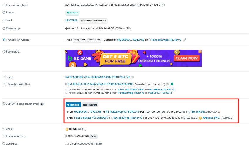 VS_Audit's tweet photo. BorzoiCoin ($BORZOI) has experienced a significant decline of -100%.

The deployer with address 0x2BC6...27e6 executed a swap, converting 100,100,100,100,100,100,100.1001 $BORZOI tokens into approximately 986.4 $BNB, equivalent to around $311,000.

Note: It's important to be cautious as the #rugpull token shares the same name as the legitimate ones.