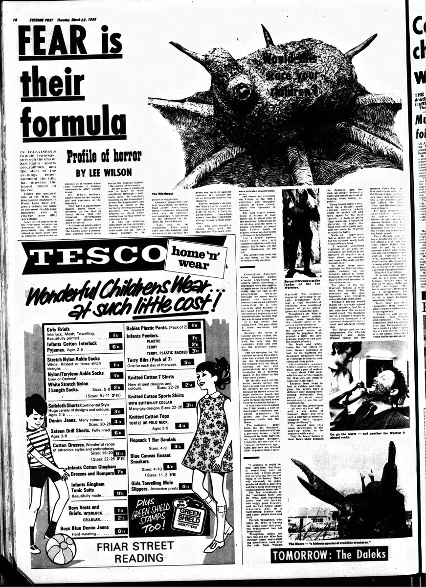 March 20, 1969 - Evening Post - A series on horror in film and television takes a look at the monsters of Doctor Who.
#horrorinfilm #filmandtelevision #doctorwho #monsters #eveningpost