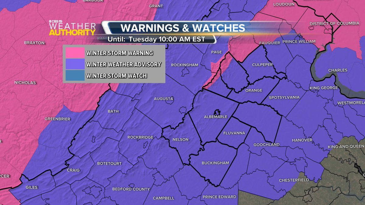 A Winter Weather Advisory is now in effect until Jan 16 10:00AM for the following counties: Albemarle, Amherst, Augusta, Nelson, Rockbridge.