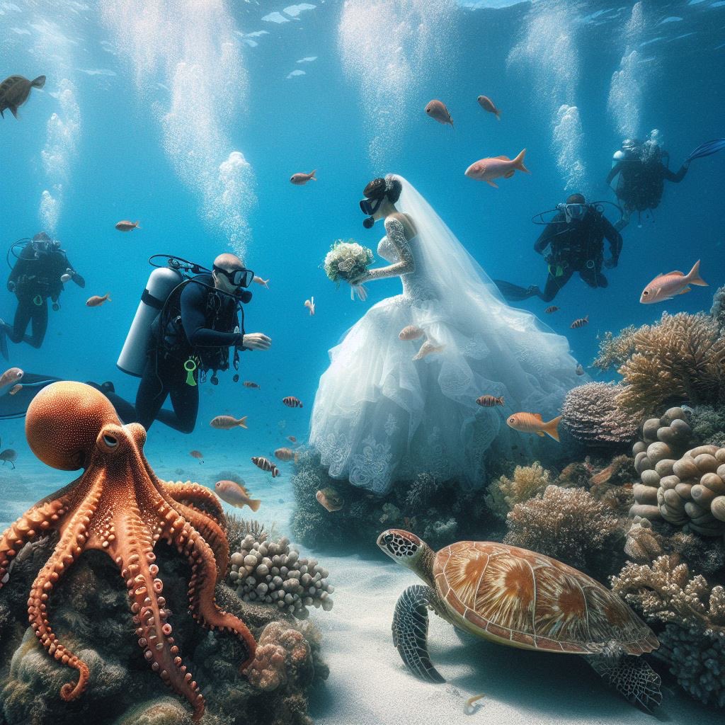 Daily Bing create.
"scuba divers. Bride and groome. Octopuses. Reef with corals. turtles."
#bingcreate #AIArtGallery
