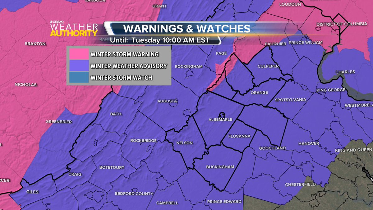A Winter Storm Warning is now in effect until Jan 16 10:00AM for the following counties: Greene, Madison, Page, Rappahannock, Rockingham, Warren.