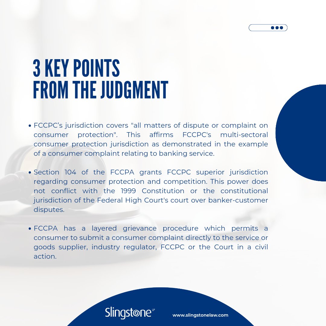 SlingstoneLaw's tweet photo. We highlight @fccpcnigeria's win in a constitutional challenge to its consumer protection jurisdiction across all sectors. 

We are proud to have successfully defended the FCCPC in this matter, representing the evolving trend of court decisions on its regulatory scope. #Throwback https://t.co/kl8VhwqS9Y