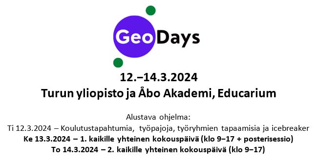 Historian toinen GeoDays-kokous järjestetään Turussa (@Geohouse_Turku) 12.-14.3.2024. Laajasti sisältöä geotieteistä ja vähän niiden rajapinnoiltakin! Ilmoittautukaa! (abs DL 26.1.): geologinenseura.fi/fi/geodays/tul… @geoseura @AboAkademi @UniTurku #geologia #GeoDays
