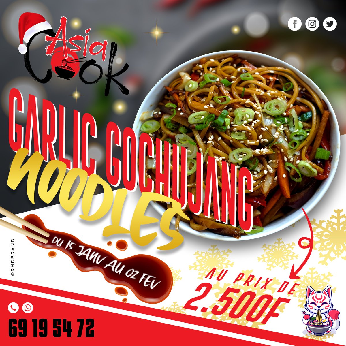 AsiaCook22's tweet photo. La fête continue avec Asia cook 👨‍🍳 ! Dégustez nos délicieux Garlic Gochujang Noodles à seulement 2500 F jusqu’au 2 février. Une expérience gustative à ne pas manquer ! 🍜

Commandez dès maintenant,  livraison 🚚 vendredi.

Visuel: 
Make by @rhdbrand 

#asiacook #koreanfood #food https://t.co/xwDMAbeLZx
