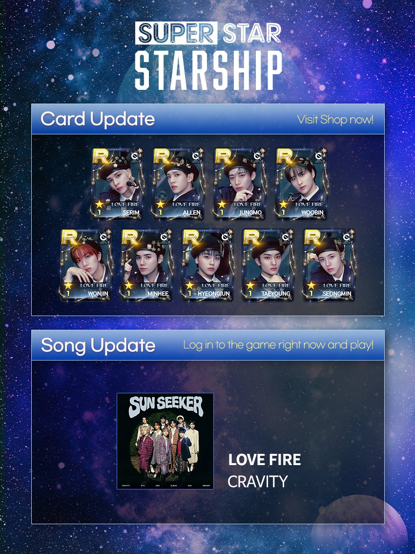[🎹]
#슈퍼스타스타쉽 신곡 업데이트!
#SUPERSTARSTARSHIP NEW UPDATE!

🎧CRAVITY - LOVE FIRE

지금 #슈스쉽 에서 플레이하세요!
Play in #SSS right now🏃‍♀️🏃‍♂️

👉 bit.ly/3IDAVHD

#CRAVITY