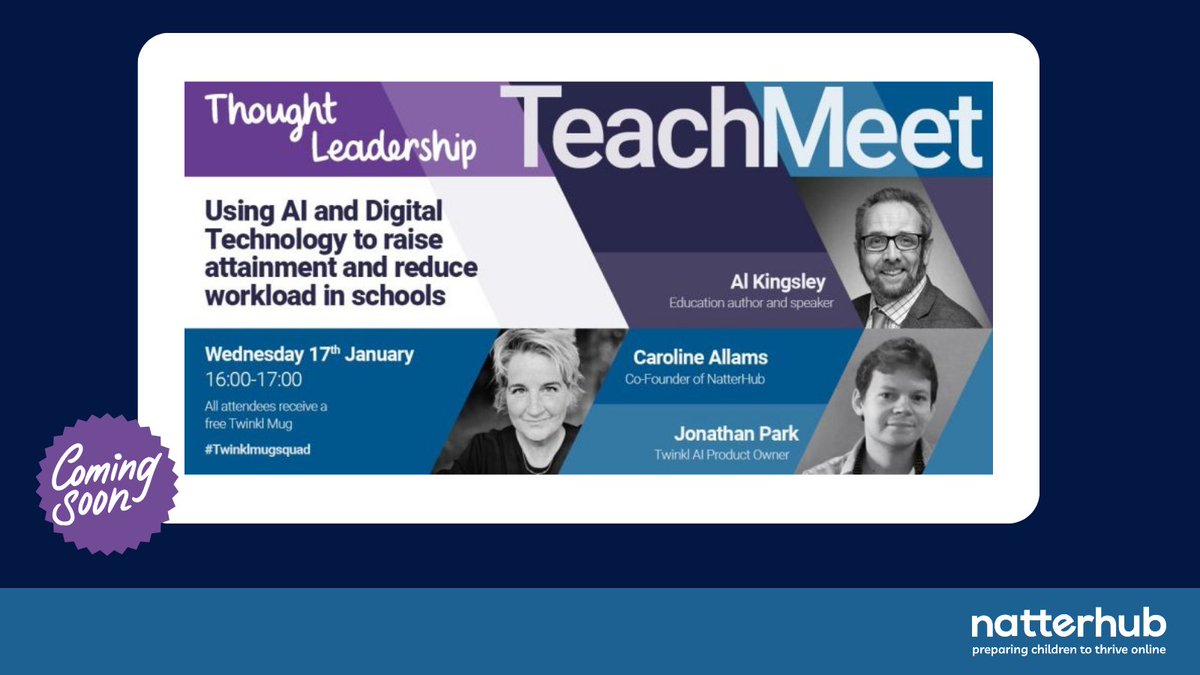 natterhub's tweet photo. Not long until our very own @carolineallams joins @TwinklSLT to talk about AI and Digital Technology use in schools. Going live tomorrow, 17th of Jan! Hope you can join us 👉
https://t.co/ZkCkhOTeA4? https://t.co/zKM0QmxN5Z
