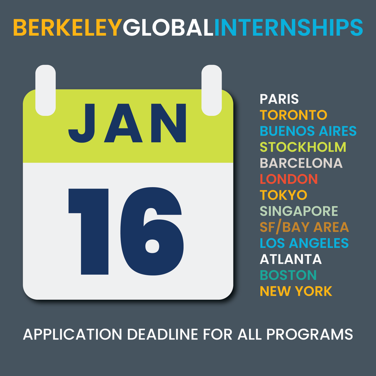 The application deadline for all Berkeley Global Internships programs is today January 16th!!

Get your applications in and earn academic credit, gain valuable internship experience and travel this summer!!

Apply today bit.ly/4aVdsxQ