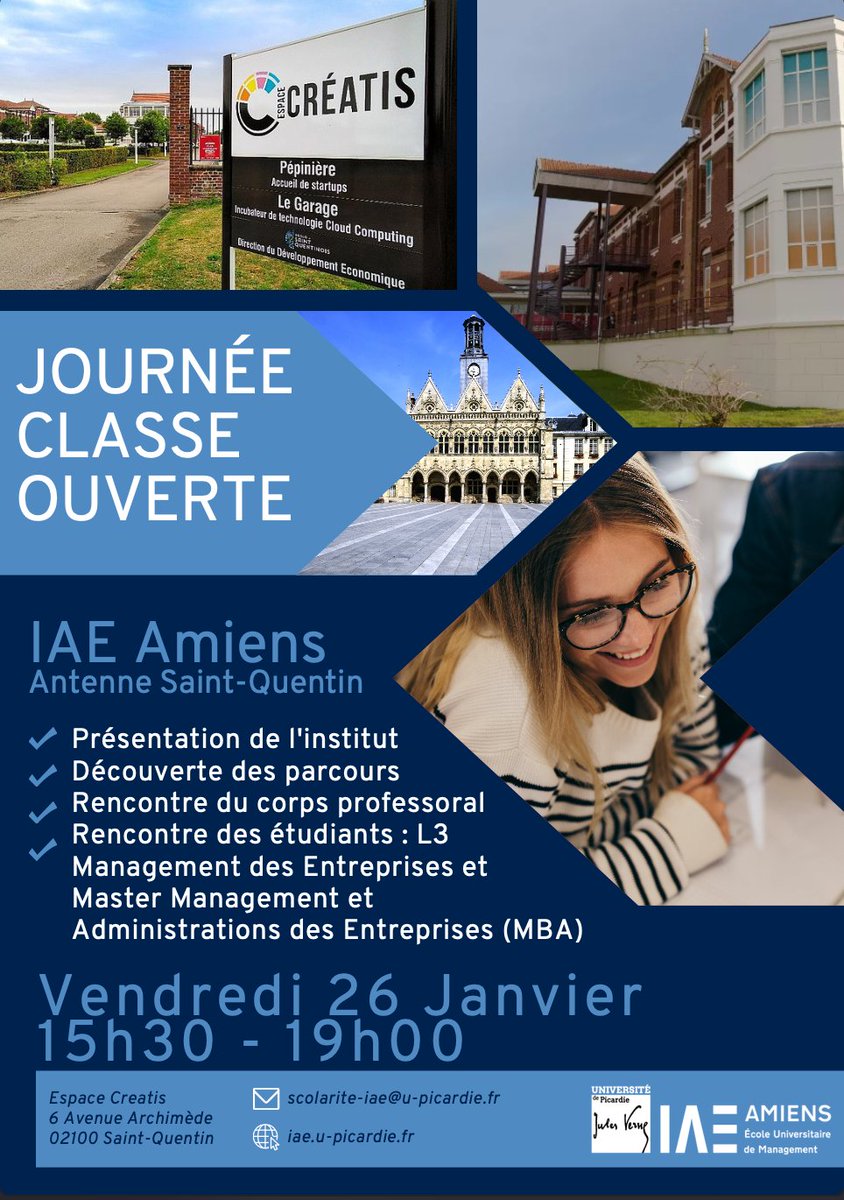 L’antenne Saint-Quentin de l'IAE Amiens vous invite à sa journée classe ouverte qui se déroulera le vendredi 26 janvier de 15h30 à 19h00 à l’Espace Créatis, 6 Avenue Archimède 02100 Saint-Quentin. 📍

ℹ️ Inscrivez-vous directement ici : forms.gle/bwwyF1emPRVp7h…