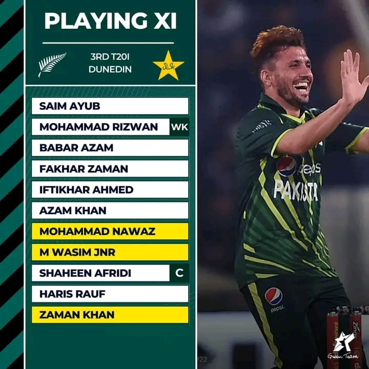 Pakistan have announced their Playing XI for the 3rd T20I against New Zealand. Zaman Khan, Muhammad Nawaz and Muhammad Wasim jr get their call up while Usama, Abbas Afridi and Amir Jamal make their way out.#PAKvsNZ