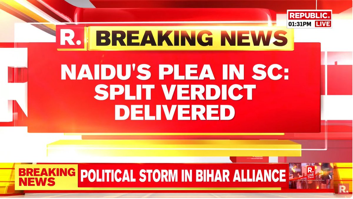 republic's tweet photo. #BREAKING | Supreme Court delivers split verdict on TDP chief Chandrababu Naidu's plea against HC order refusing to quash FIR in skill development scam case.
WATCH #LIVE here-https://t.co/Vl1vAY0N7q
#ChandrababuNaidu #TDP #TDPChief #HC #SkillDevelopmentCase #SupremeCourt #SC #TDPChief #AndhraPadesh