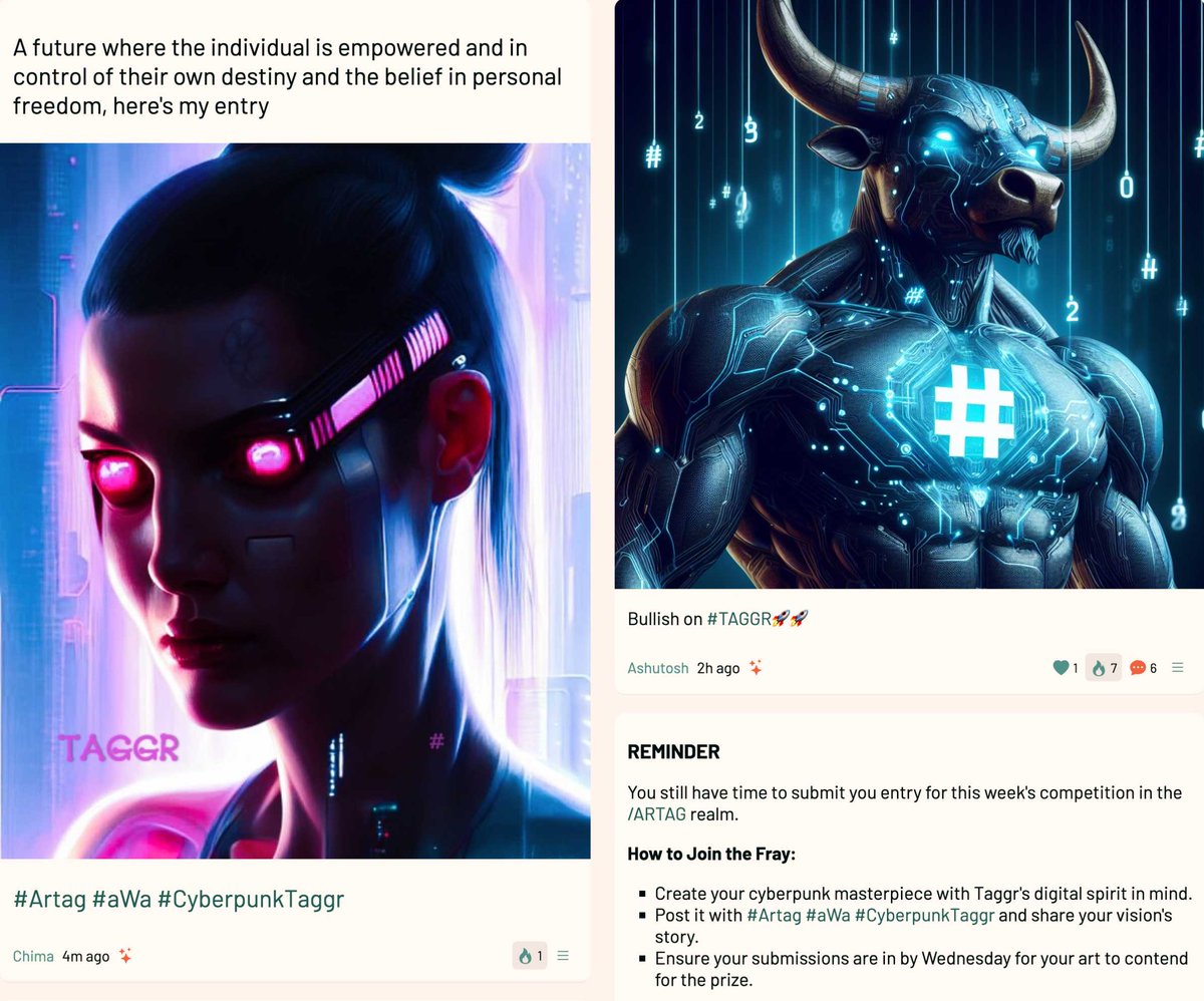 mntyetti's tweet photo. Who else is bullish on #Taggr?
You still have time to submit you entry for this week's competition in the /ARTAG realm.
How to Join the Fray:
Create your cyberpunk masterpiece with Taggr's digital spirit in mind.
Post it with #Artag #aWa #CyberpunkTaggr and share your vision. https://t.co/7wILaincww