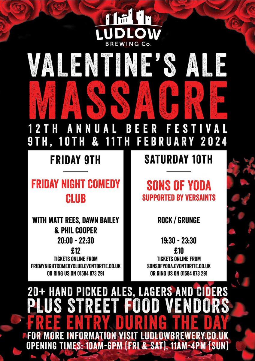 Valentine's Ale Massacre returns for 2024. It's a killer festival for beer lovers! 20+ beers and ciders will be pouring. Free entry during the day. #ludlowbrewery #beerfestival #Valentines2024